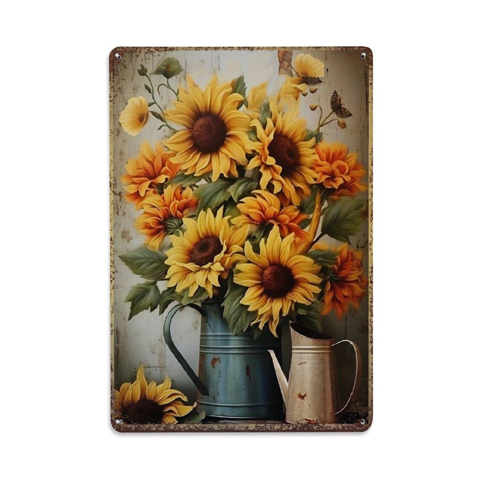 Sunflower Bouquet In Metal Jugs Retro Metal Tin Sign, Vintage Decor Art Poster for Bar, Home, Man Cave, Kitchen, Laundry Room Gift 8x12Inch