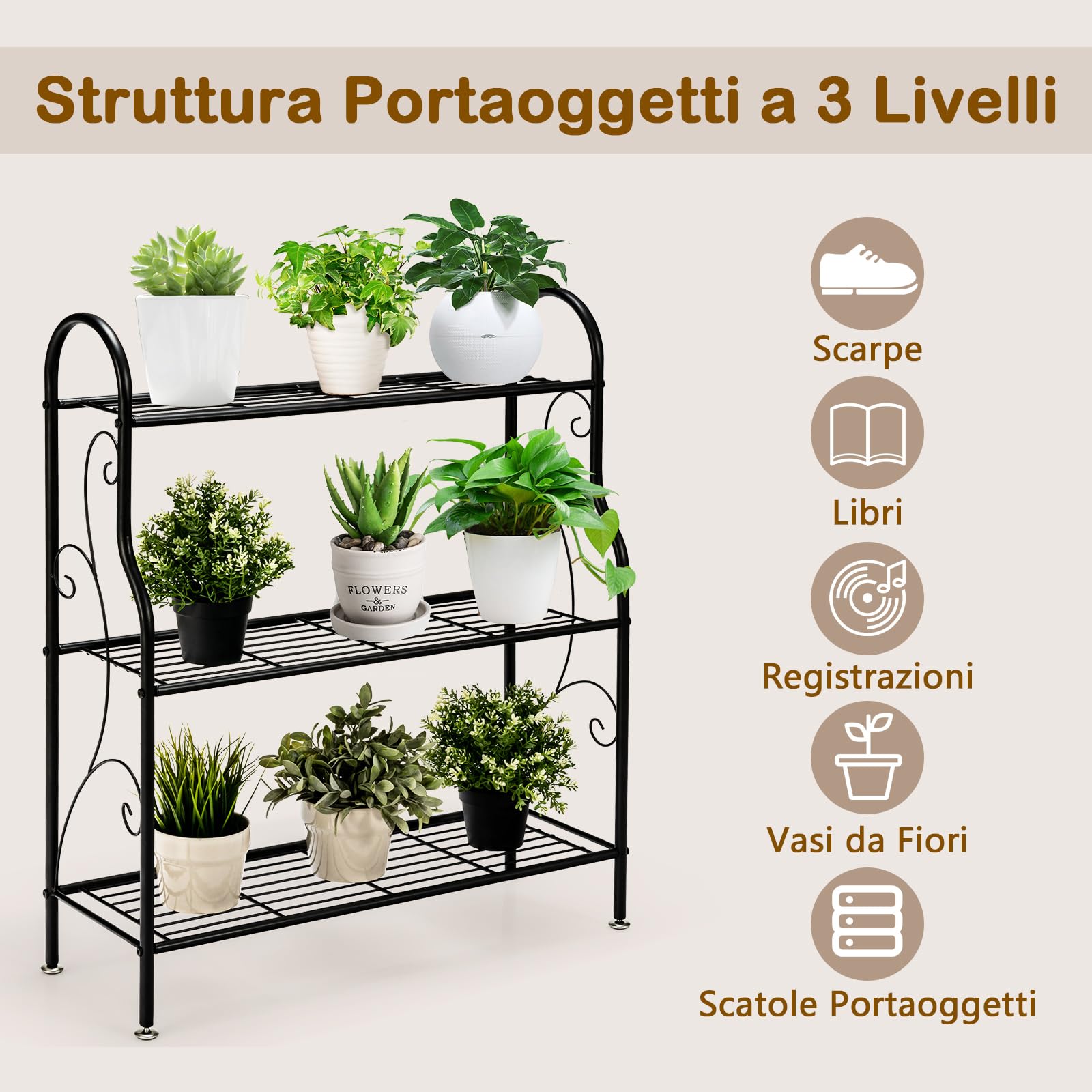 GYMAX Porta Piante in metallo a 3 livelli, ripiani aperti e piedini regolabili, scaffale in ferro impermeabile per uso interno ed esterno, nero