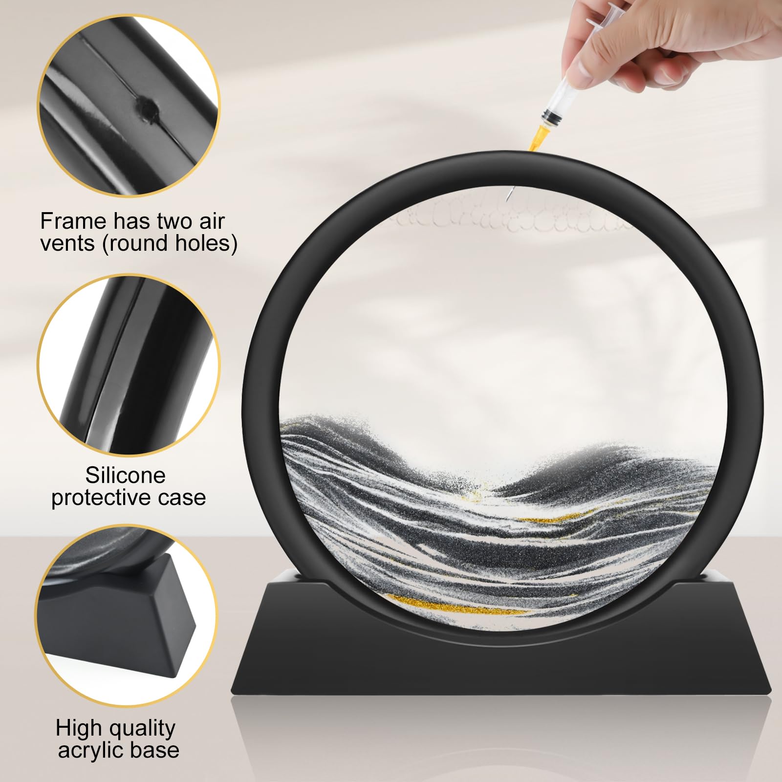 Ulikey Peinture de Sable Fluide, 3D Sablier Décoratif, Cadre en Verre Rond, Image Dynamique pour Décoration Bureau Maison, Cadeaux pour Enfants et Adolescents (Noir)