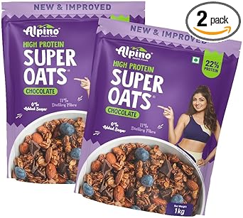 ALPINO 22% High Protein Super Oats Chocolate 2kg (1kg, Pack of 2) – Rolled Oats, Natural Peanut Butter, Cocoa Powder, Nuts & Seeds – 22g Protein, Source of Dietary Fibre & Healthy Fats, No Added Sugar & Salt - image, photos