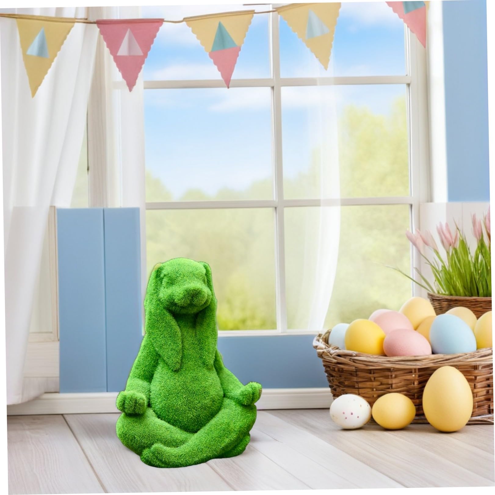 UKCOCO Meditierende Hasen Gartenstatue aus Kunstharz mit Beflockter Oberfläche in Grün Osterfest Gartendekoration und Frühlingsdeko für Friedliche Meditationsbereiche