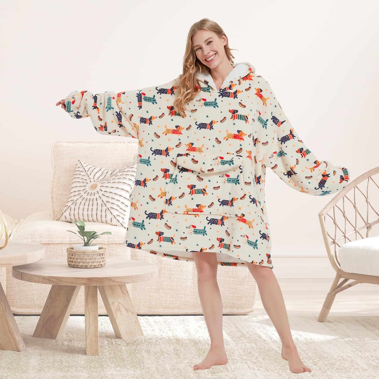 Wearable Blanket Hoodie for Adult,Oversized Sherpa Fleece Blanket Hoodie for Women Men,Dachshund - Image 6