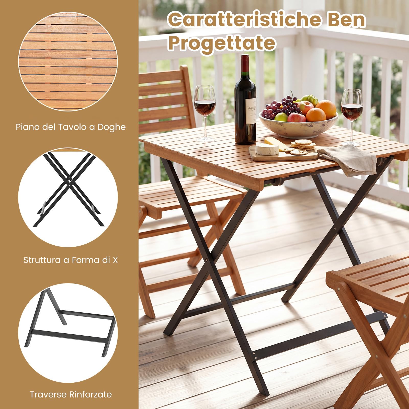 COSTWAY Tavolo Pieghevole da Esterno, Quadrato in Legno di Acacia, 2 Ganci di Fissaggio, Struttura a X, per Balcone Terrazzo Giardino, Portata 80 kg