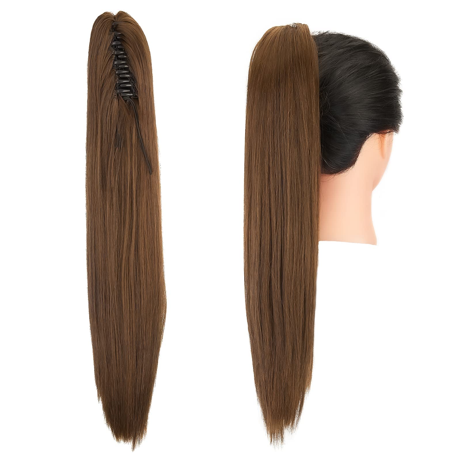 Gairyan 52cm Coda Capelli Extension Mesciate con Pinza, Posticci per Capelli Sintetici Lisci Coda di Cavallo Claw Ponytail Coda Capelli Extension Clip Lunghi Naturale, Marrone scuro & Auburn chiaro