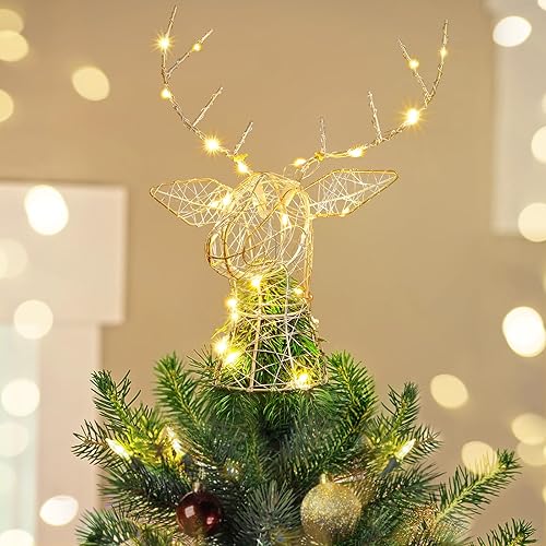 Luxspire Christmas Tree Topper, 3D Deer Lighted Tree Topper with USB Plug-in & Remote Control, Light Up Xmas Vintage Modern Ornaments Decor Lights for Home Party, Silver