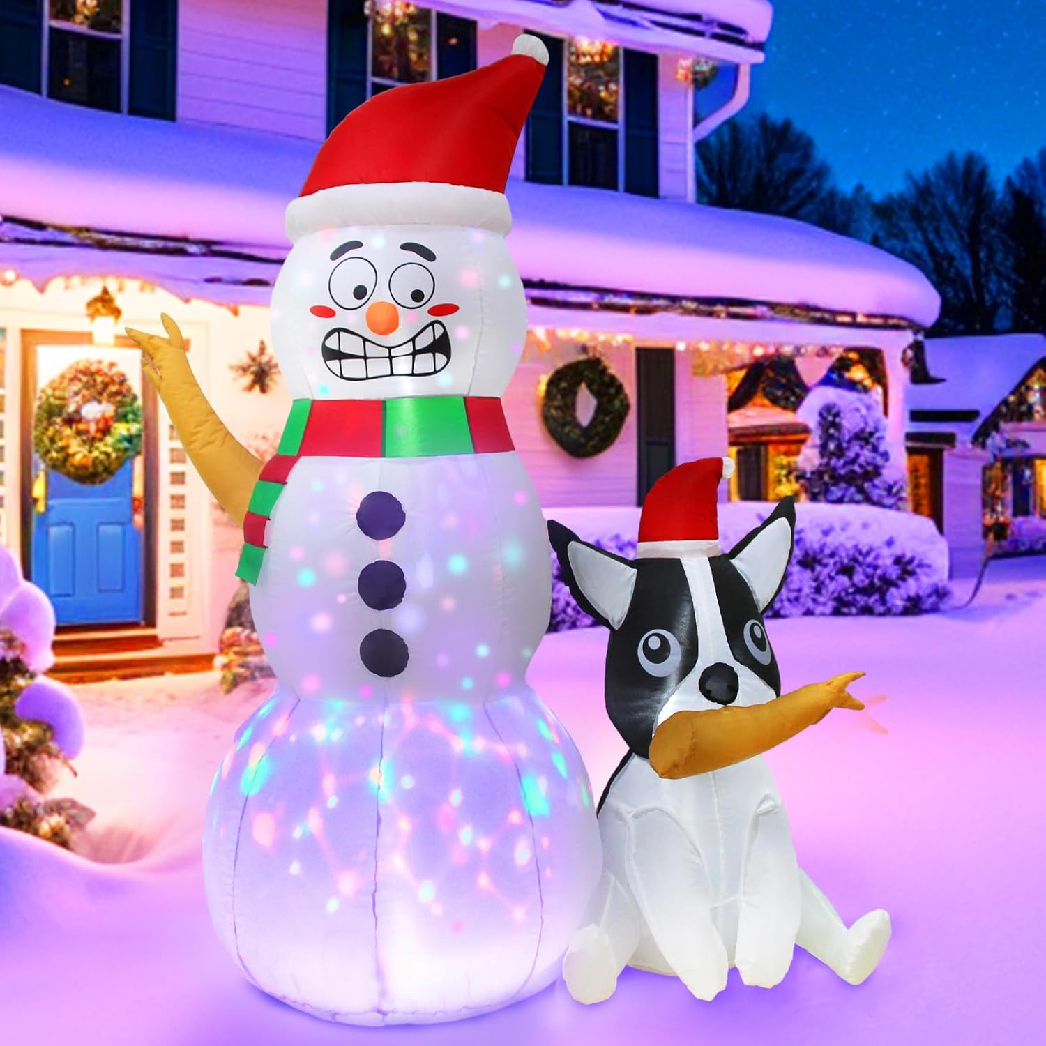 AerWo 6ft Christmas Inflatables Outdoor Decorations, Funny Inflatable Snowman with Dog, Blow Up Yard Decorations with Rotating LED Lights