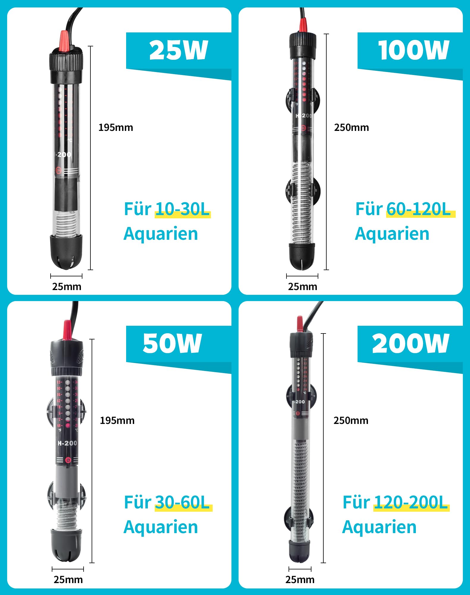 Grzejnik do akwarium, 50 W, do akwariów 30-60 l, grzałka z przyciskiem regulacji temperatury 20-34°C, pogrubione szkło kwarcowe + przyssawki