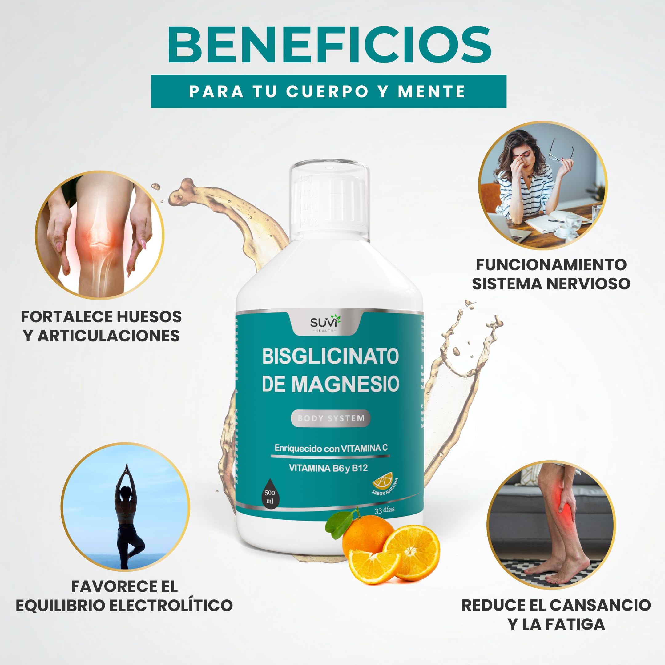 Magnesio Glicinato (Magnesium Glycinate) con Vitamina C, B6 y B12 - Bisciglinato de Magnesio Alta Absorción 100% VRN - Reduce Cansancio, Fortalece Huesos y Sistema Nervioso - 500ml (33 días)