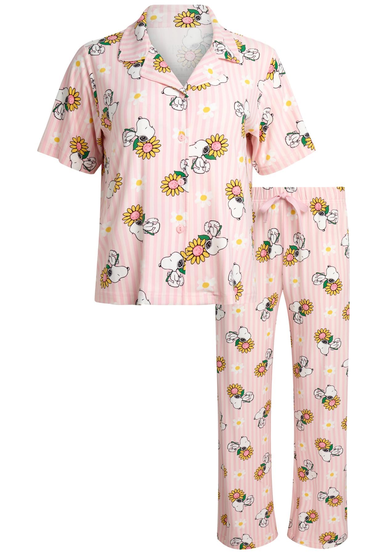 COCO BRANDS Womens Peanuts Snoopy 2-Piece Long-Sleeve Pajama Set Sizes S-XL Small Pink Floral Stripes Snoopy