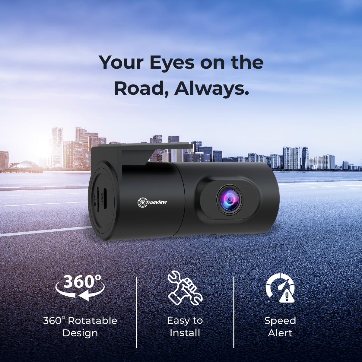 Trueview 2MP Dash Camera with Wi-Fi, Built-in G-Sensor, Microphone, Time Lapse, Emergency Video, Speed Alerts, TrueCloud App Support, 128 GB Micro SD Compatibility (G-Sencer)