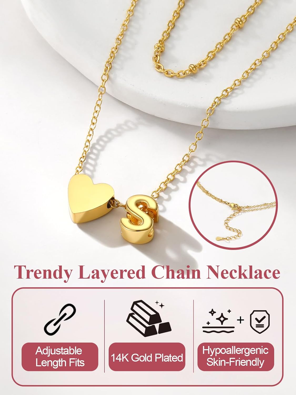 FOCALOOK Layered Initial Necklace for Women, 14K Gold Plated Minimalist Choker Necklaces Stacks with Initial A-Z, Dainty Silver Heart Pendant Necklace Personalized Birthday Women Jewelry - Image 4
