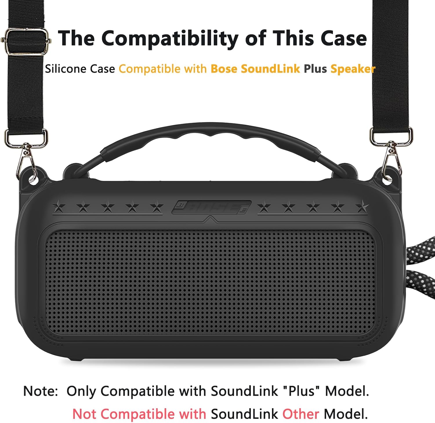 Silicone Cover Case for Bose SoundLink Plus Portable Bluetooth Speaker, Soft Silicone Case with Carrying Handle and Shoulder Strap (Black) - Image 2