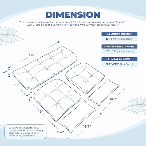 Miniatura 2 de Cojines de silla de mimbre de 5 piezas, cojín de sofá al aire libre impermeable para muebles de mimbre, 1 cojín de asiento de amor, 2 cojines en