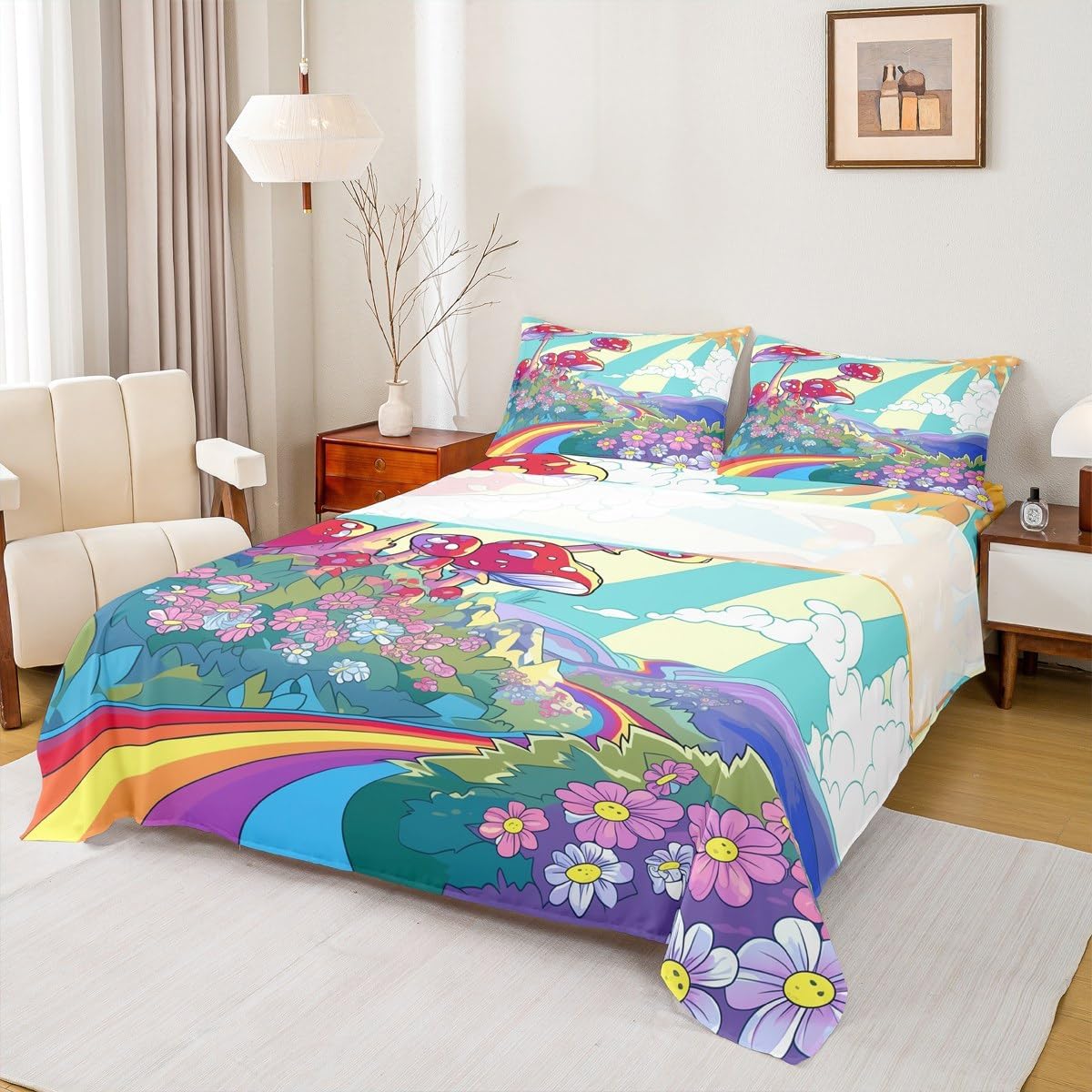 Erosebridal Sun and Moon Sheet & Pillowcase Sets Boho Bohemian Hippie Bed Sheets Moon Phase Print Sheet Set Queen Geometric Striped Sheets Sunflower Daisy Bedding Retro Decor with 2 Pillowcases