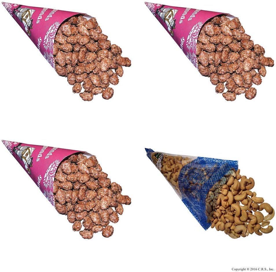 The Nutty Bavarian Cinnamon Glazed Roasted Almonds (3 cones) and Lightly Salted Cashews (1 cone) in a 4 Cone Pack (Almond/S-Cashew Pack)