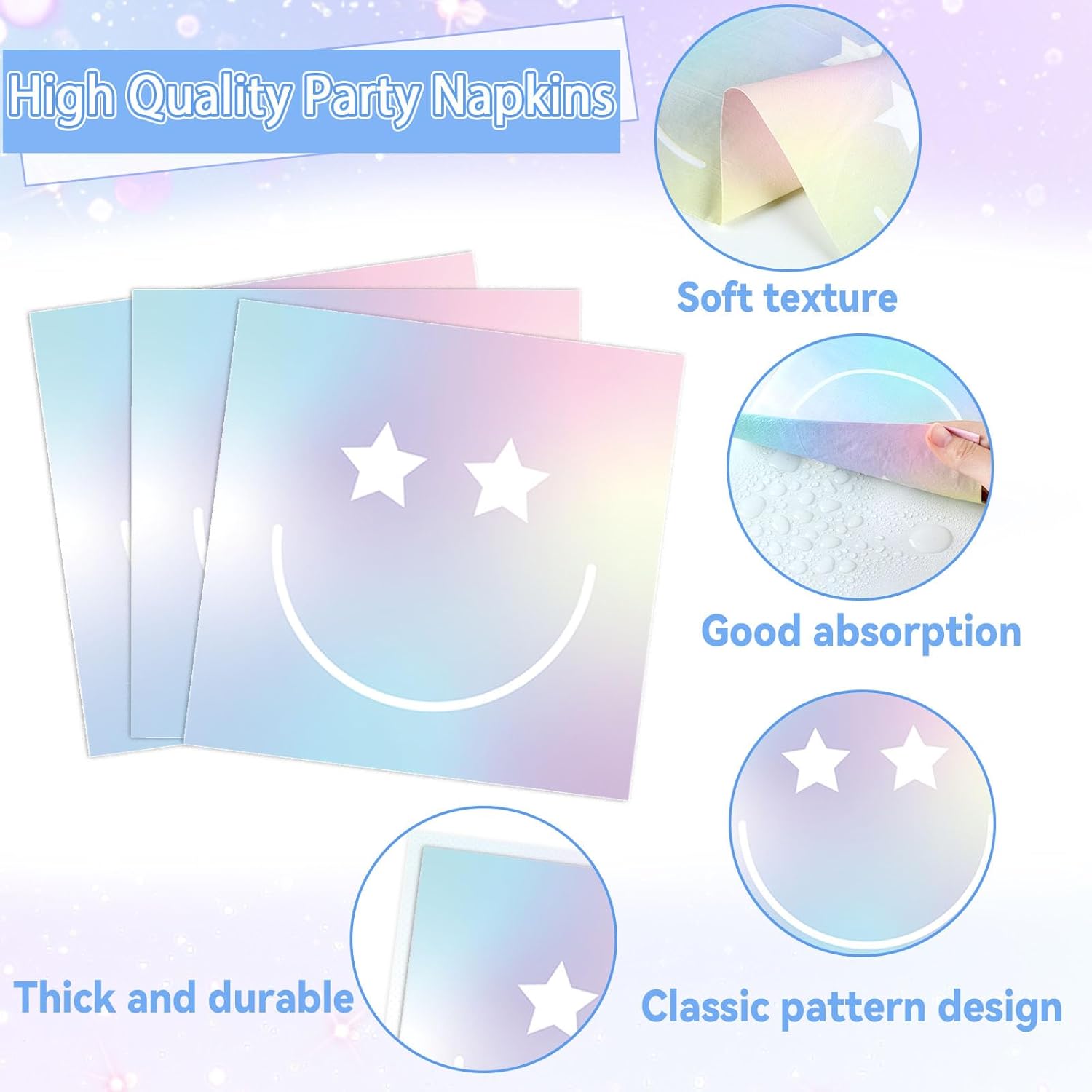 96Pcs Iridescent Party Supplies Smile Face Paper Plates Napkins Holographic Foil Laser Party Tableware Set Holographic Dinnerware for Birthday Baby Shower Decoration Serve 24 - Image 4
