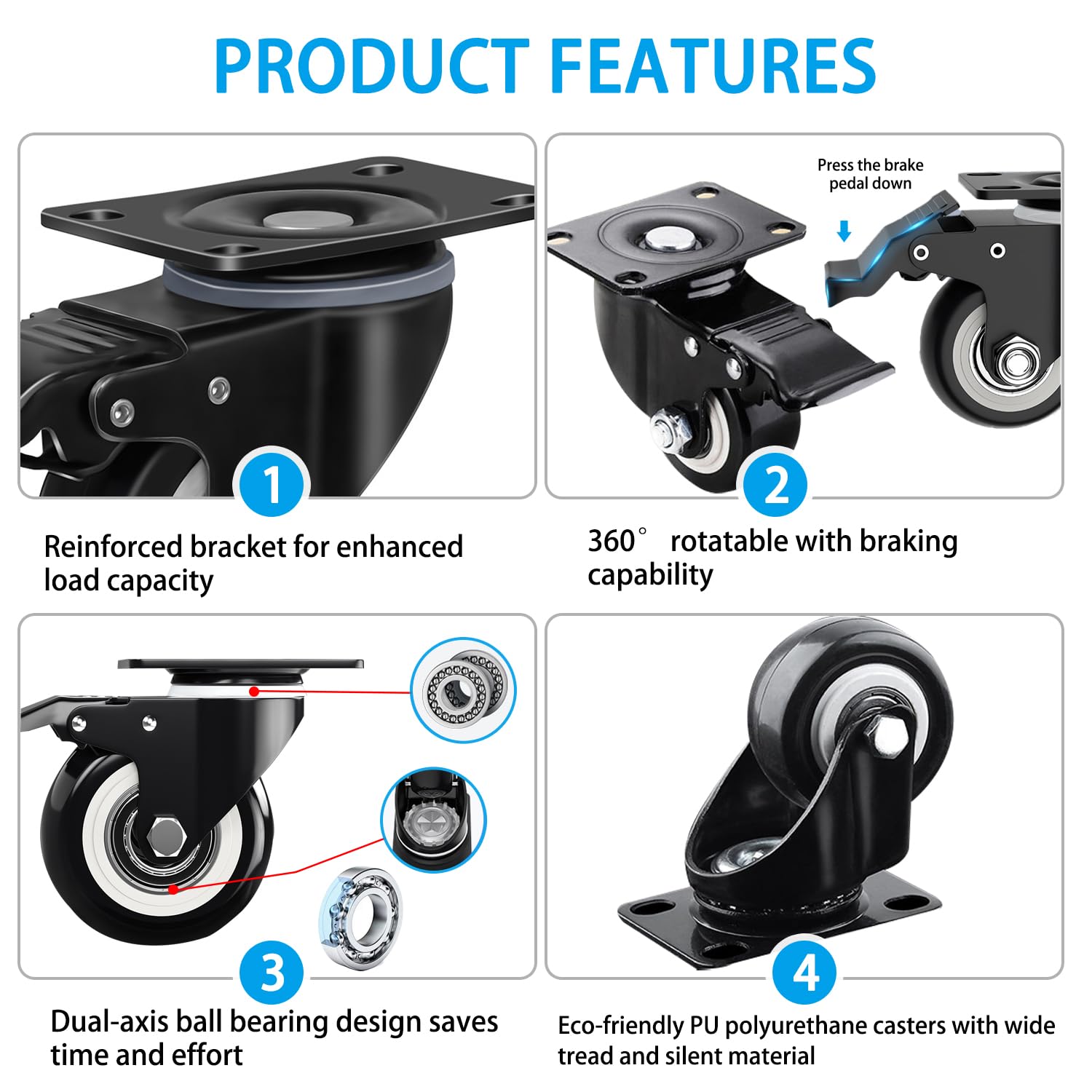 CoralBloom Castor Wheels, 50mm Caster Wheels Set of 4 with Brakes, 360 Rotating - Image 4