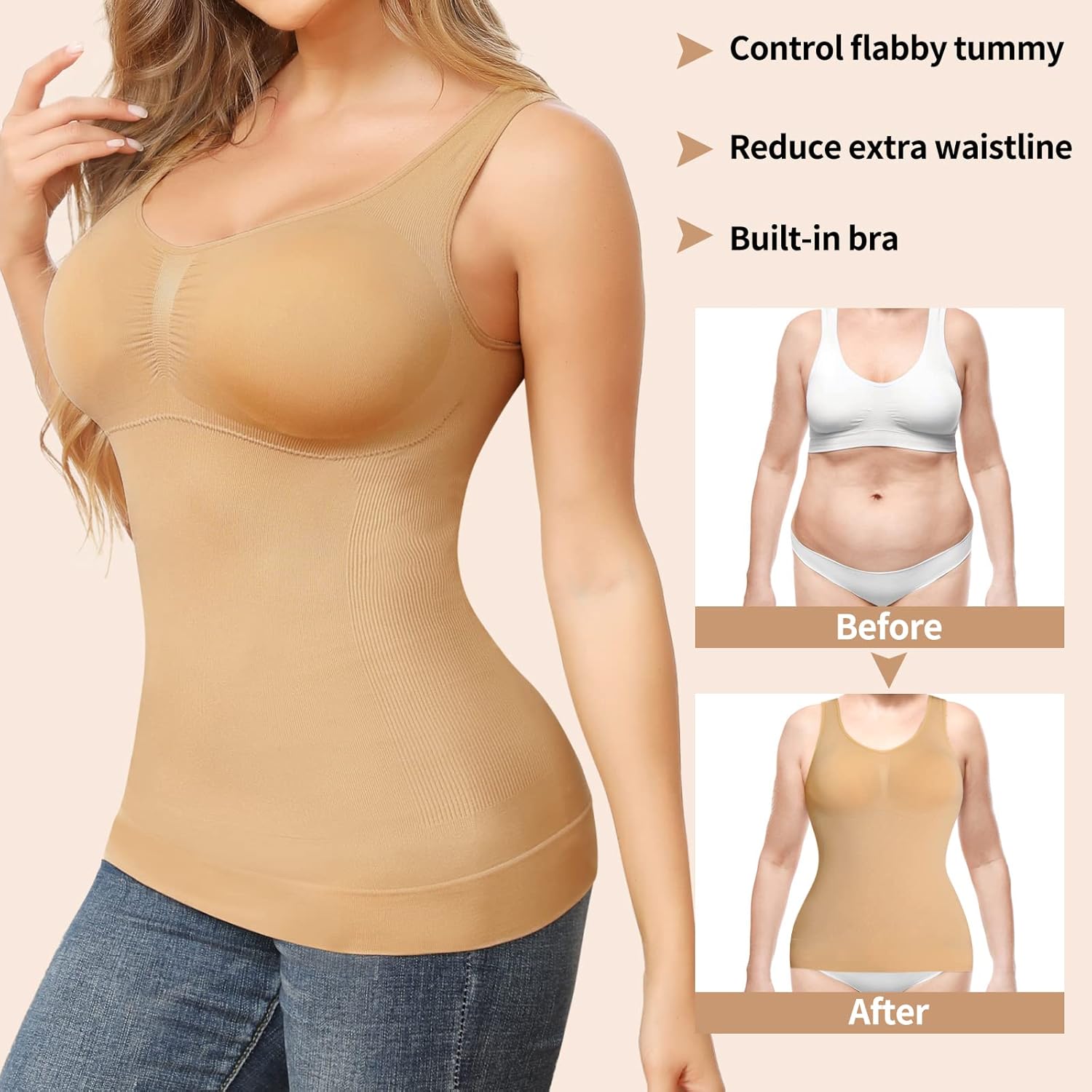 JOYSHAPER Cami Shaper for Women Tummy Control Shapewear Tank Tops with Built-in Bra Compression Camisole Padded Bra - Image 4