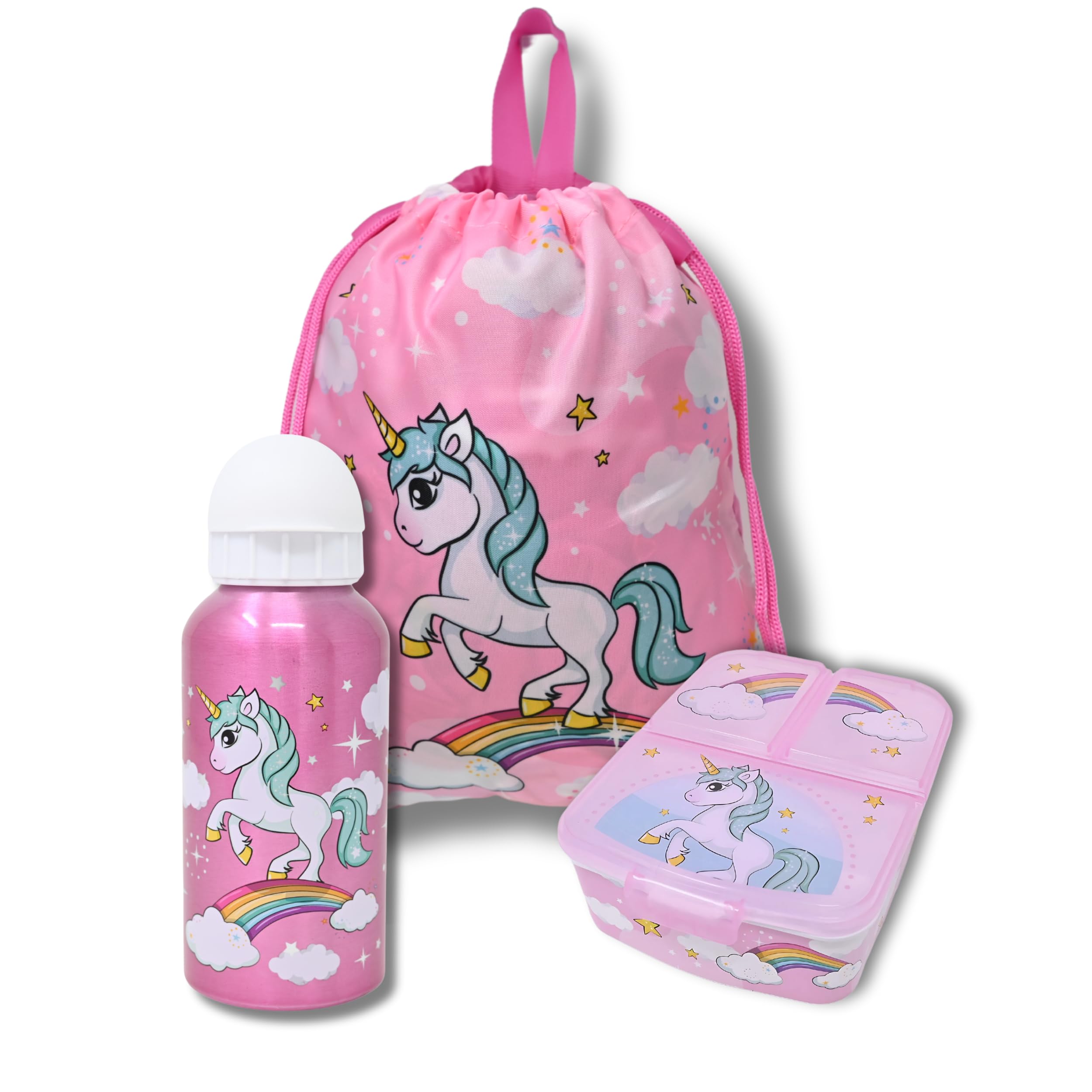 damaloo Einhorn Kinderrucksack Set für Mädchen – Brotdose, Trinkflasche & Turnbeutel – 3tlg. Kindergarten Rucksack Set – Kinder Bento Lunchbox mit Aluminiumflasche und Wechselbeutel Kinder