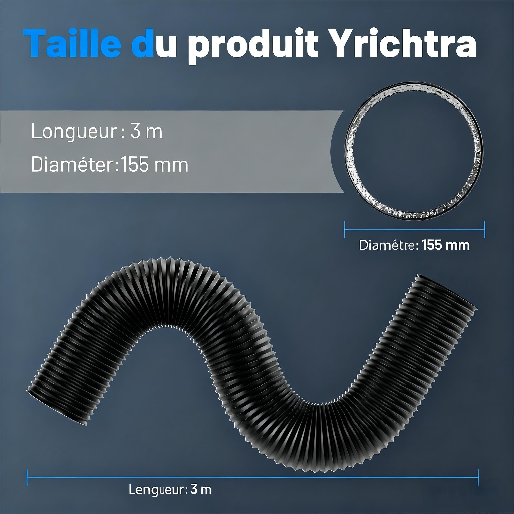 Gaine Antidéchirure 150mm x 3m, 5 Couches Isolantes, Réduction du Bruit, Isolation Thermique, Longueur Réglable, Sans Odeur, avec Colliers - Idéal pour Ventilation et VMC, Noir