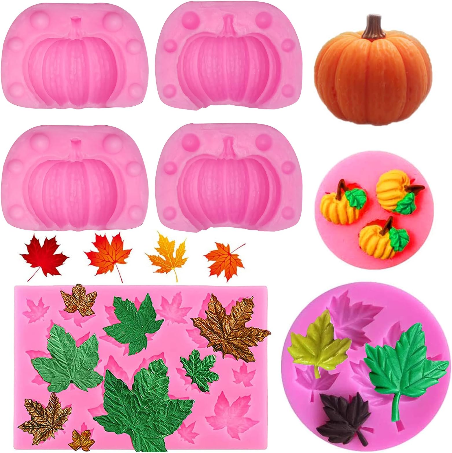 Rainmae 5Pcs Autumn 3D Pumpkin Silicone Mold, Mini Pumpkin Mold for Thankgiving Cupcake Molds, Maple Leaves Fondant Cake Decorating Chocolate Candy Clay Moulds for Fall Thanks Giving