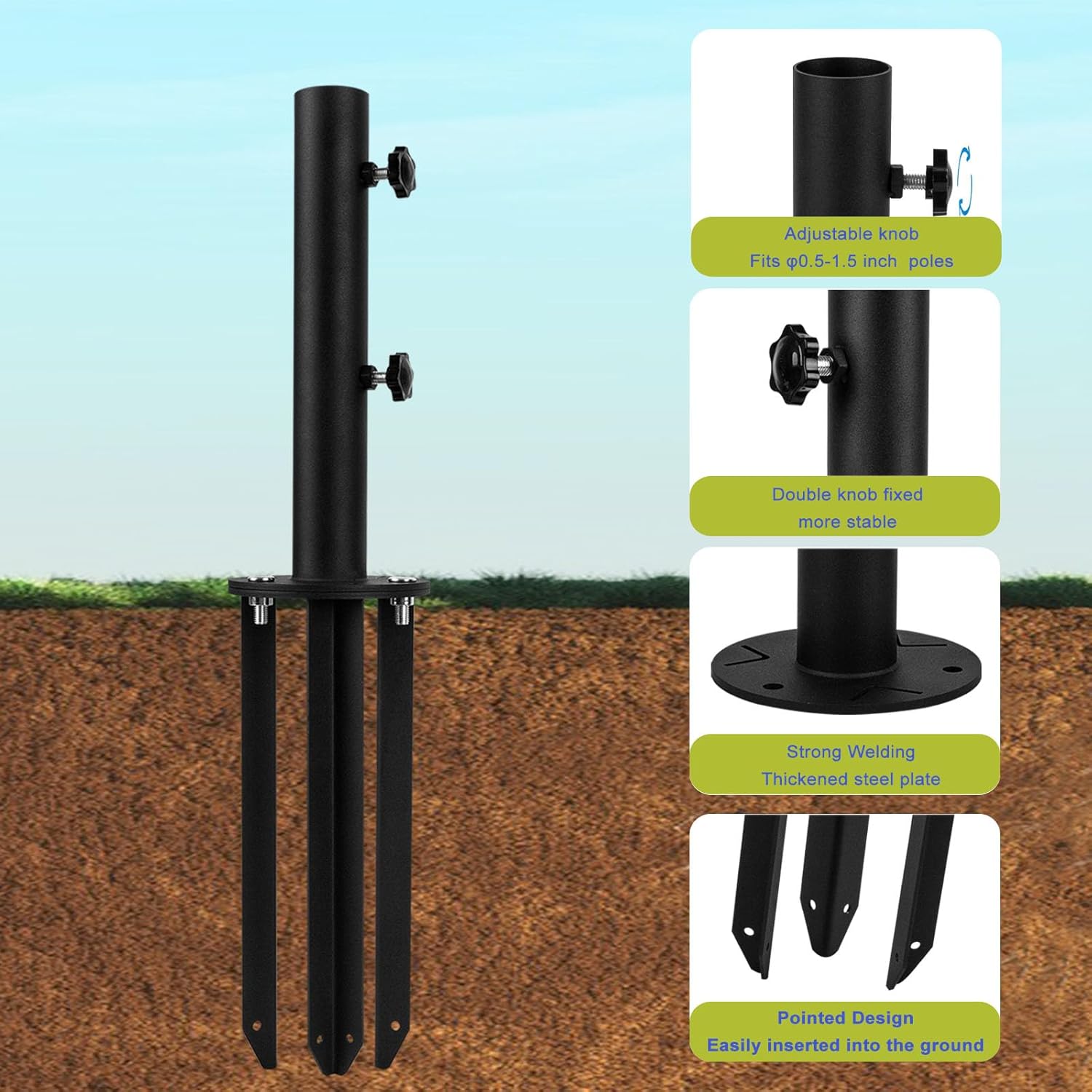 Patio Umbrella Base Stand, Metal Umbrella Holder Ground, Outdoor in Ground Parasol Base Mount with Ground Spike Fixing, Beach Umbrella Stand Anchor, Umbrella Stake for Garden,Deck,Yard,Lawn