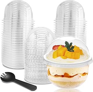 50 Pack Plastic Cups with Dome Lids and Spoons, 8 oz Clear Dessert Cups with No Hole Lids, Mini Disposable Parfait Cups for Fruit Ice Cream Pudding Yogurt Trifle