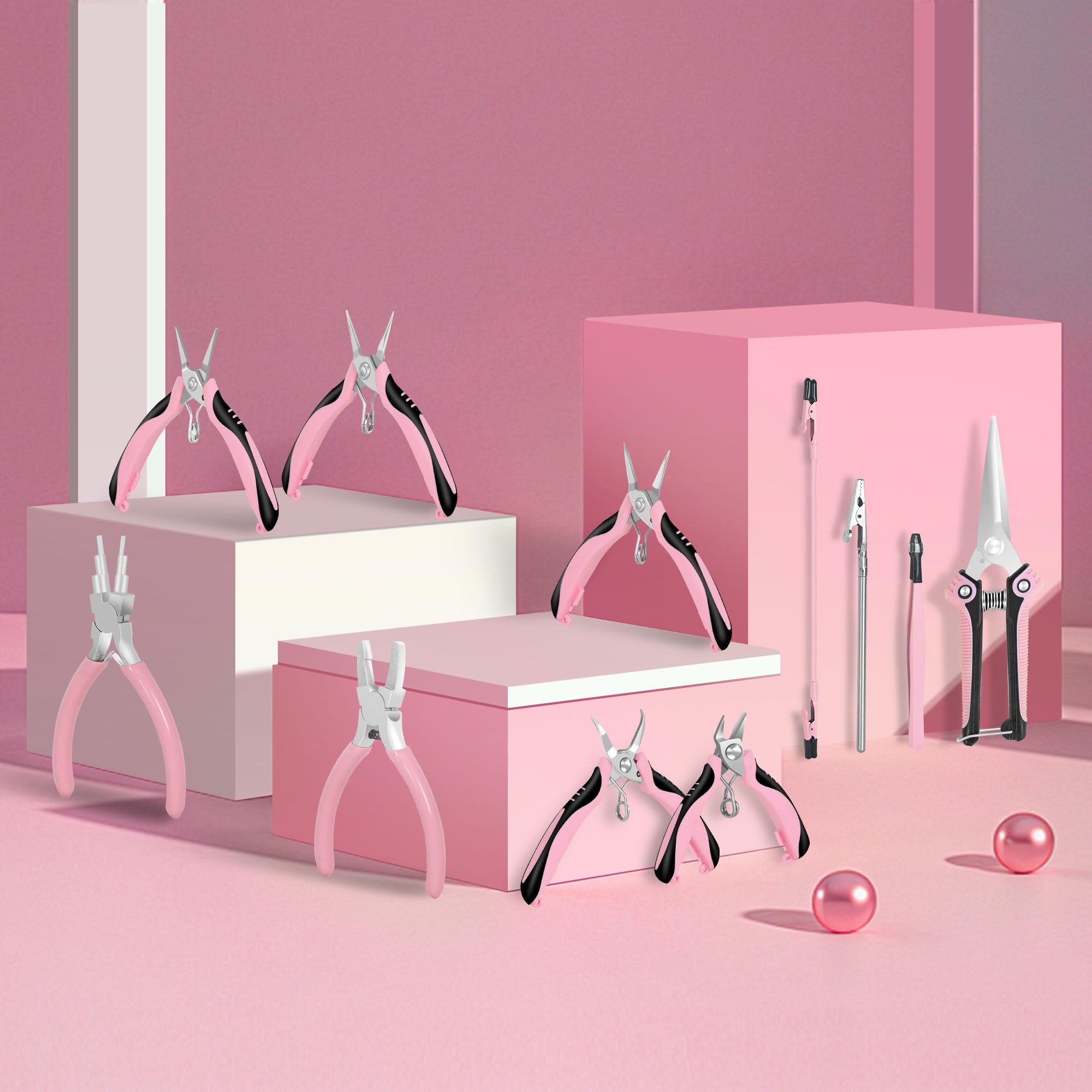10 Alicates para Joyería - Kit de Herramientas para Hacer Joyas en Acero al Carbono- Herramientas Profesionales de Bisutería para Manualidades de Joyería en Elegante Rosa