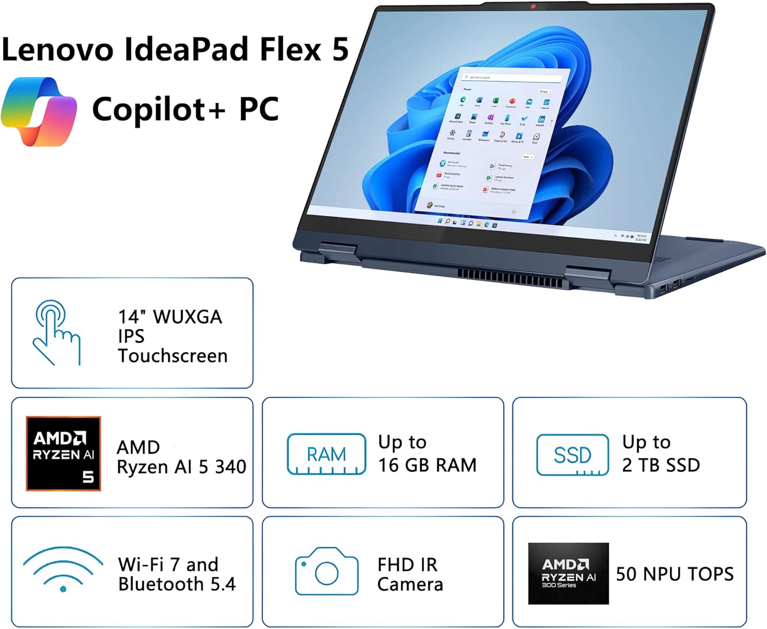 Lenovo IdeaPad Flex 5 2-in-1 Laptop | 14" WUXGA IPS Touch | AMD Ryzen AI 5 340 (Up to 50 Tops) | 16GB DDR5 512GB SSD | Copilot+ PC for Creator Designer Business Professional Win11 Pro w/DLCA Accessory - Image 3