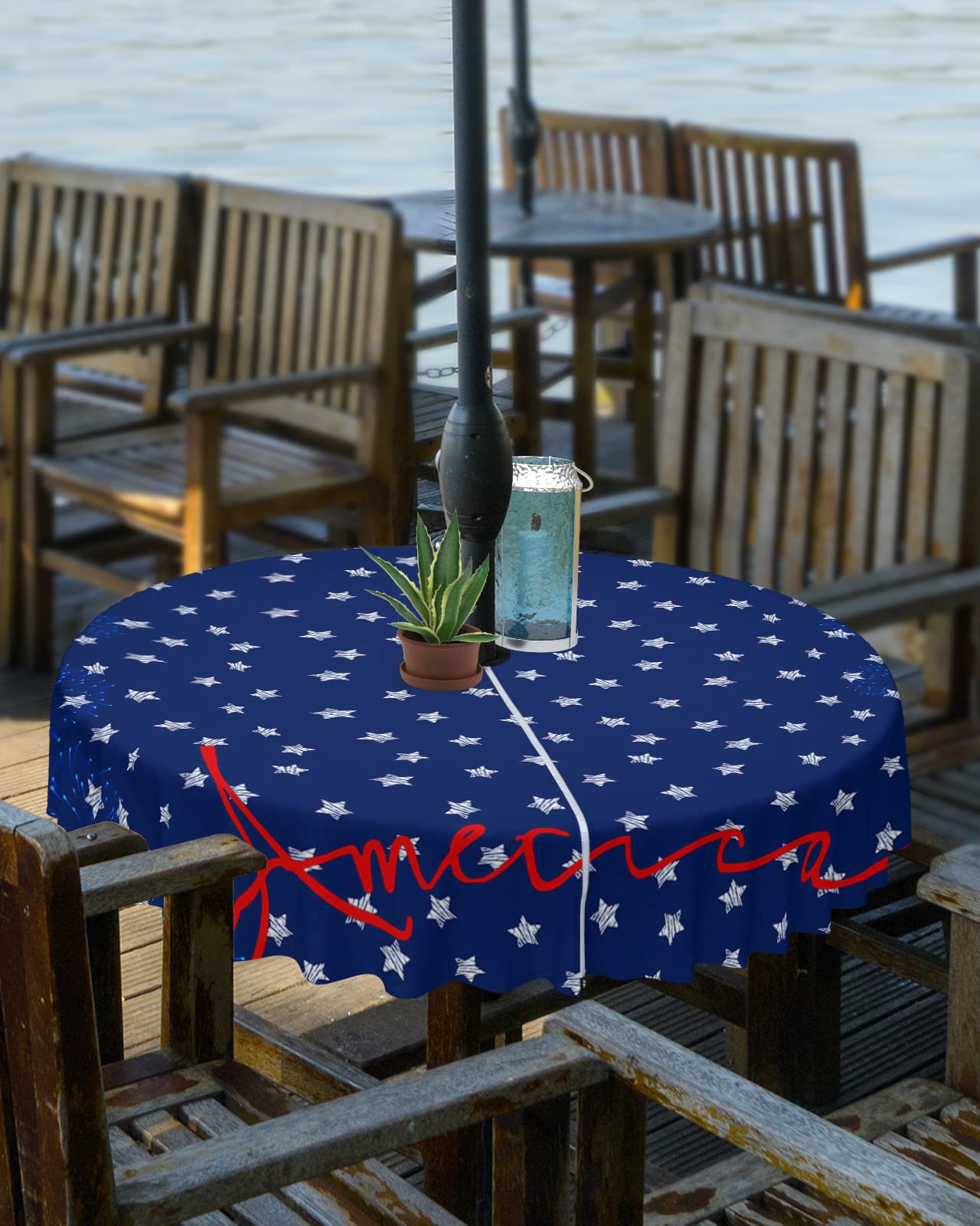 Round Outdoor Tablecloth with Umbrella Hole 54 Inch, Table Cloth Waterproof Tablecloths Patio Table Cover, Garden/Yard Table Covers with Zipper - Independence Day Stars and Stripes Stars Fireworks