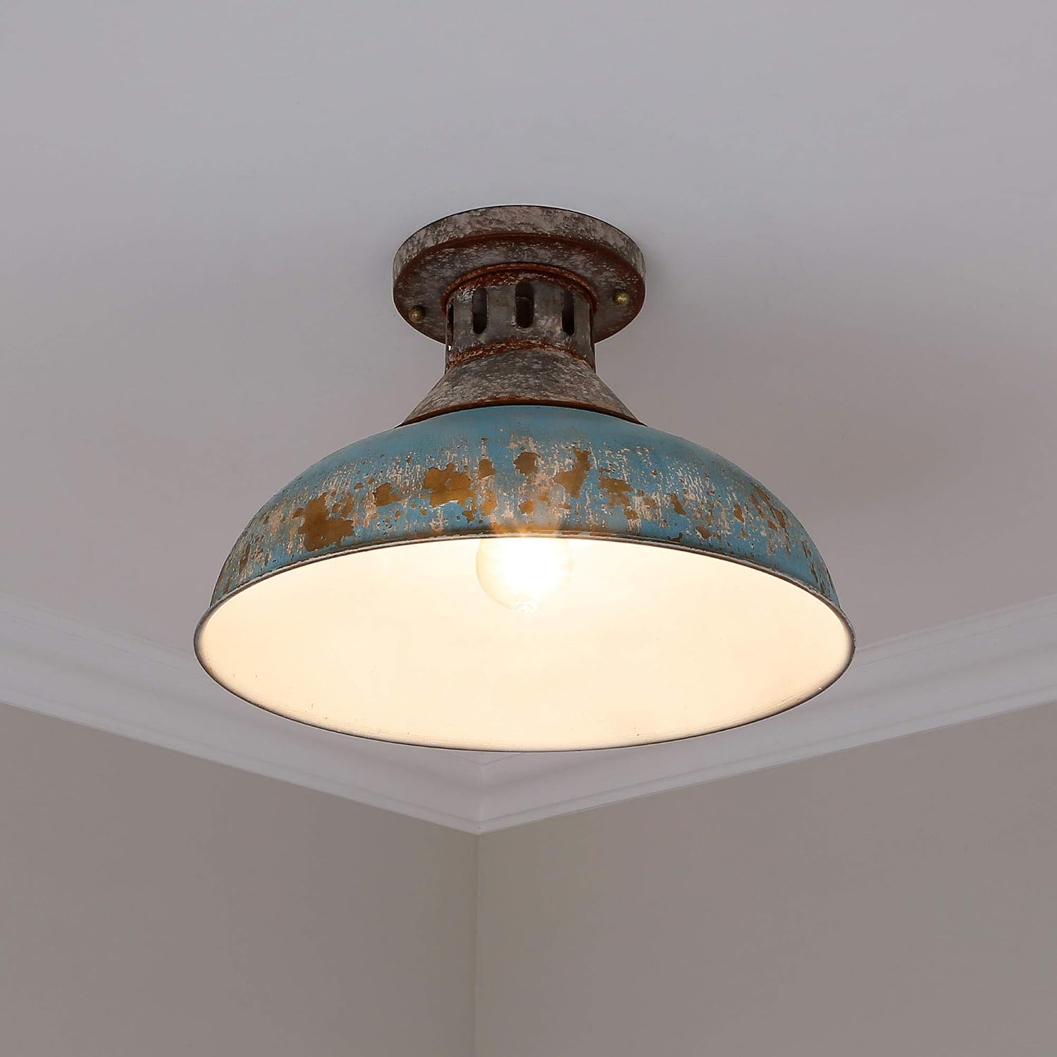 Kinsley Semi-Flush Aged Galvanized Steel with Teal Shade- Ceiling Light, Ceiling Light Fixture, Lighting, Ceiling Light Fixture, Lights, Light Fixtures Ceiling Mount,