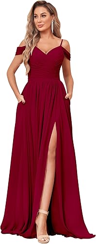 Off The Shoulder Bridesmaid Dresses with Pockets Ruched Chiffon Long Slit Formal Evening Gown