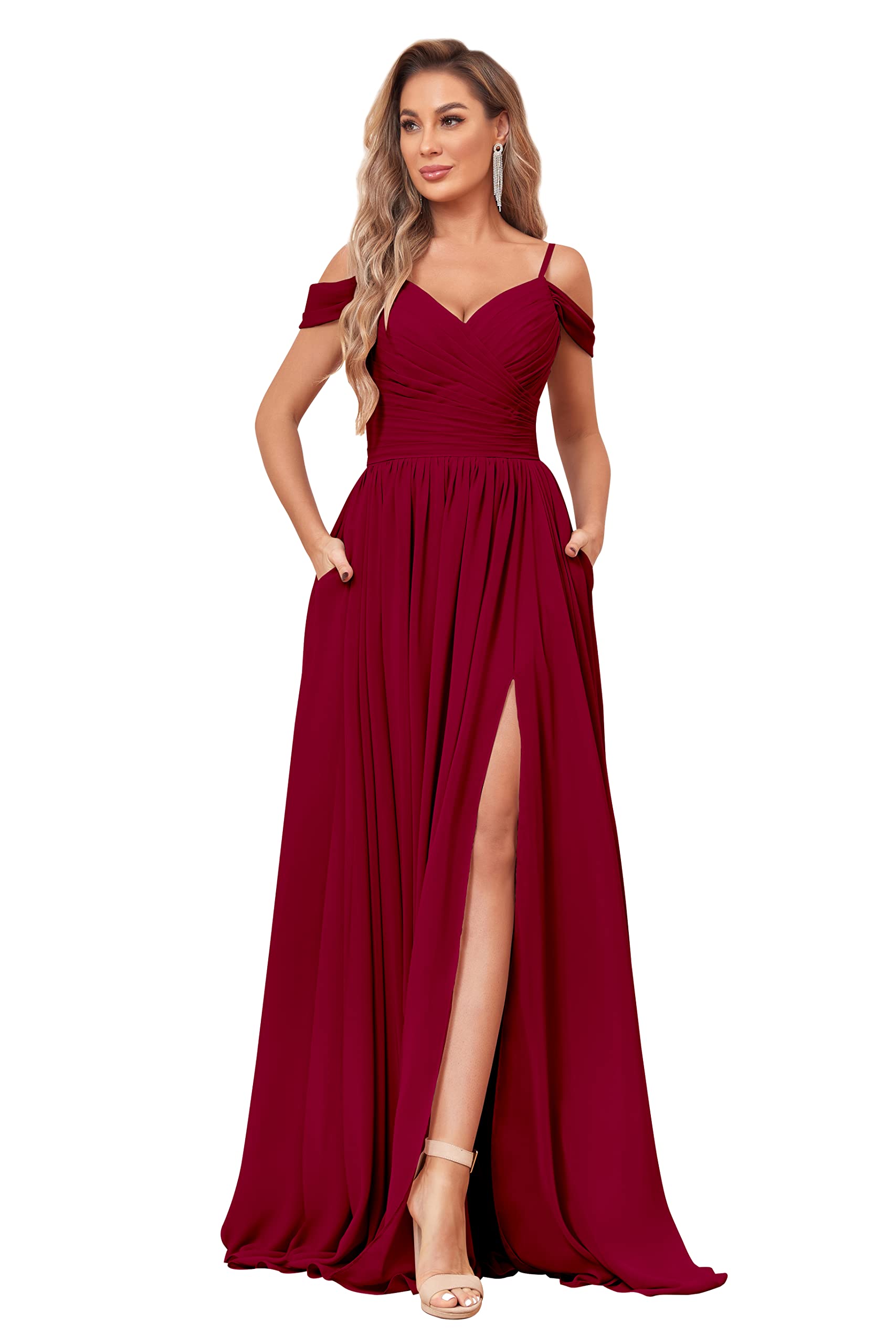 BOLENSYE Off the Shoulder Bridesmaid Dresses with Pockets Ruched Chiffon Long Slit Formal Evening Gown