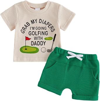 Toddler Baby Boy Golf Outfit Short Sleeve Funny Letter Print T Shirts + Shorts Set Infant Summer Clothes
