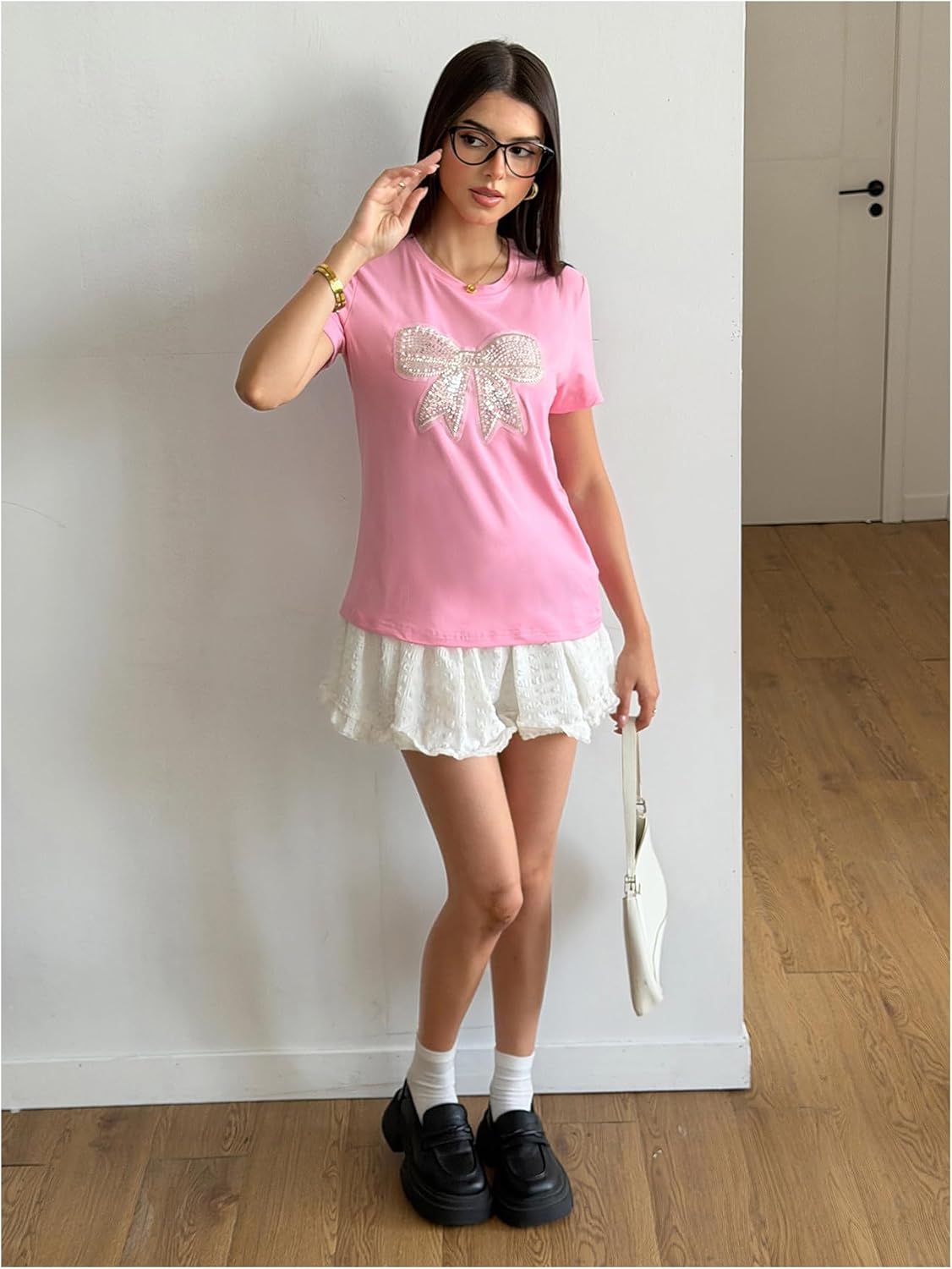 SweatyRocks Women's Short Sleeve T Shirts Sequin Bow Crew Neck Summer Casual Tee Tops - Image 6