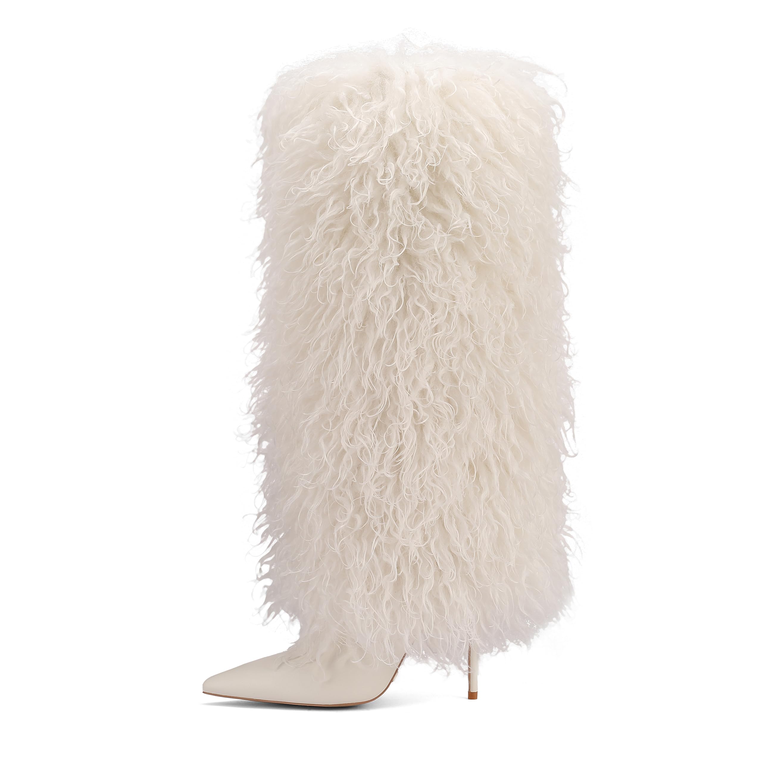 Womens Knee High Mongolian Faux Fur Boots 4 Inch Stiletto Heels Pointed Toe Long Fashion Boots for Fall