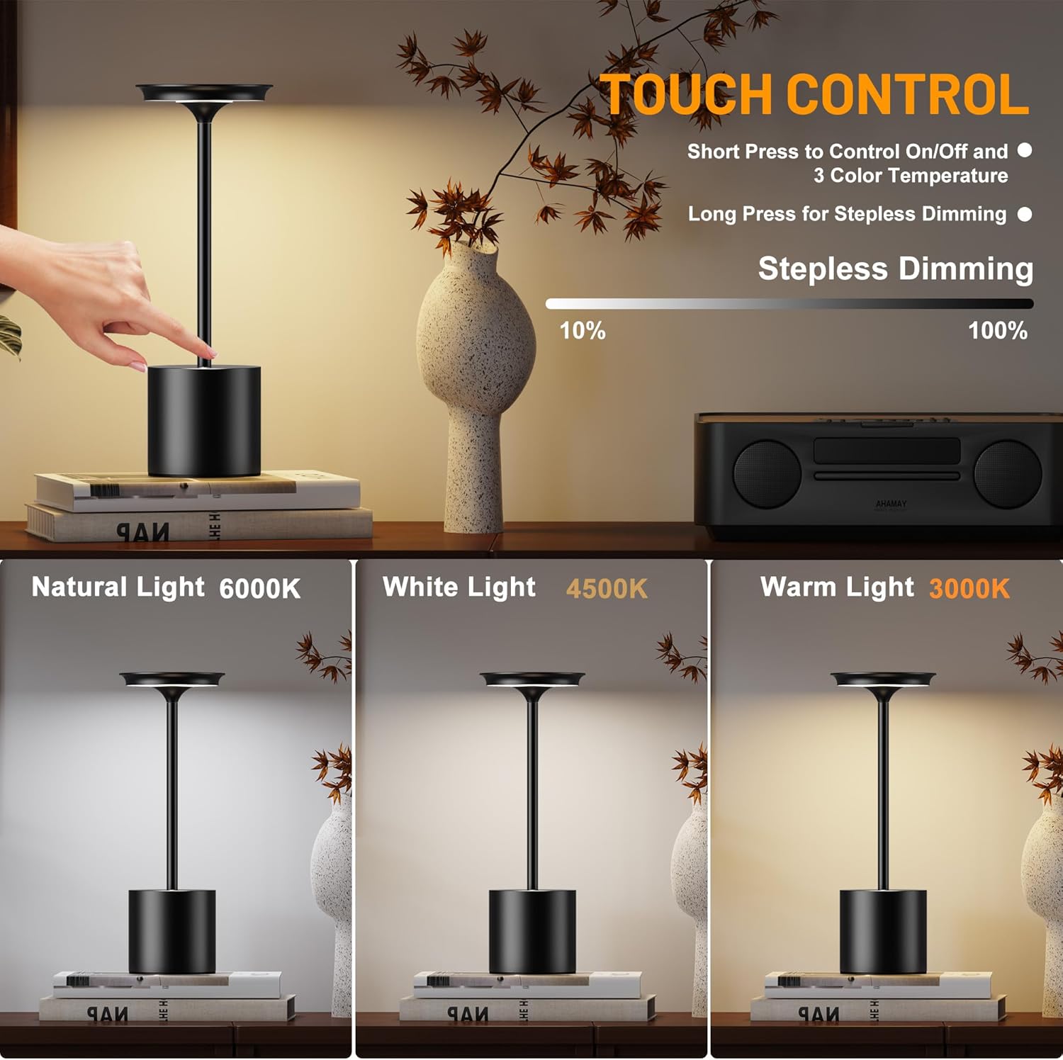 Cordless Rechargeable LED Table Lamp 6000mAh Portable Battery Waterproof Touch Control 3 Color Stepless Dimming Light for Indoor Outdoor Dining Patio Restaurant Lighting 2 Black