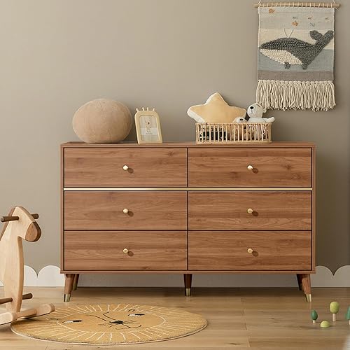 Miniatura 5 de Cómoda de 6 cajones, cómoda de mediados de siglo de 47 pulgadas de ancho, cómoda de madera para dormitorio con 6 cajones de almacenamiento para