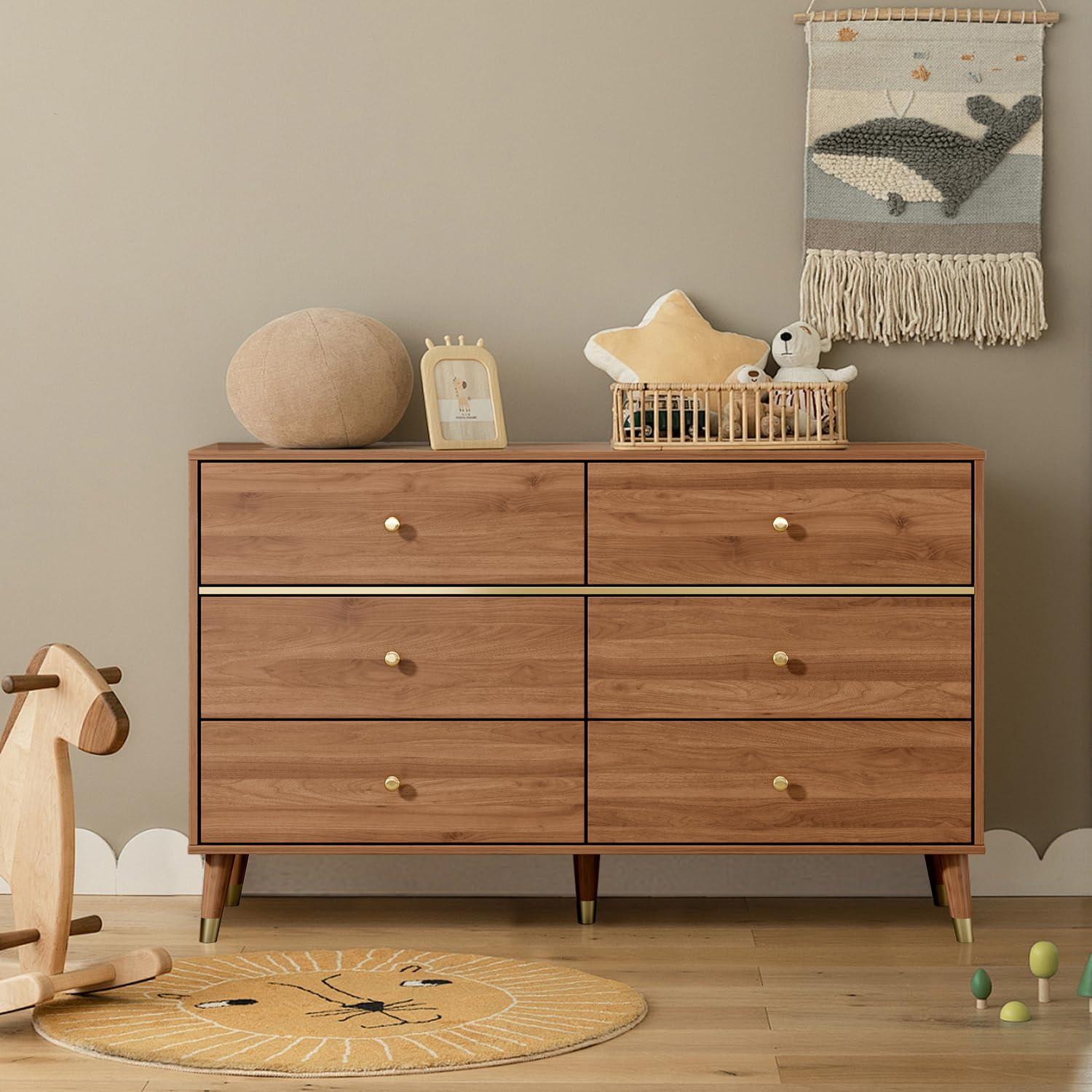 Cómoda de 6 cajones, cómoda de mediados de siglo de 47 pulgadas de ancho, cómoda de madera para dormitorio con 6 cajones de almacenamiento para dormitorio, sala de estar, con dispositivo 5