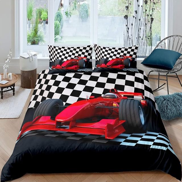 Loussiesd Boys Car Bedding Set Geometric Formula Racing Car Duvet Cover for Kids Teens Extreme Sport Theme Comforter Cover Youth Man Formula Car Bedspread Cover Room Decor 3Pcs Double Size,Zipper