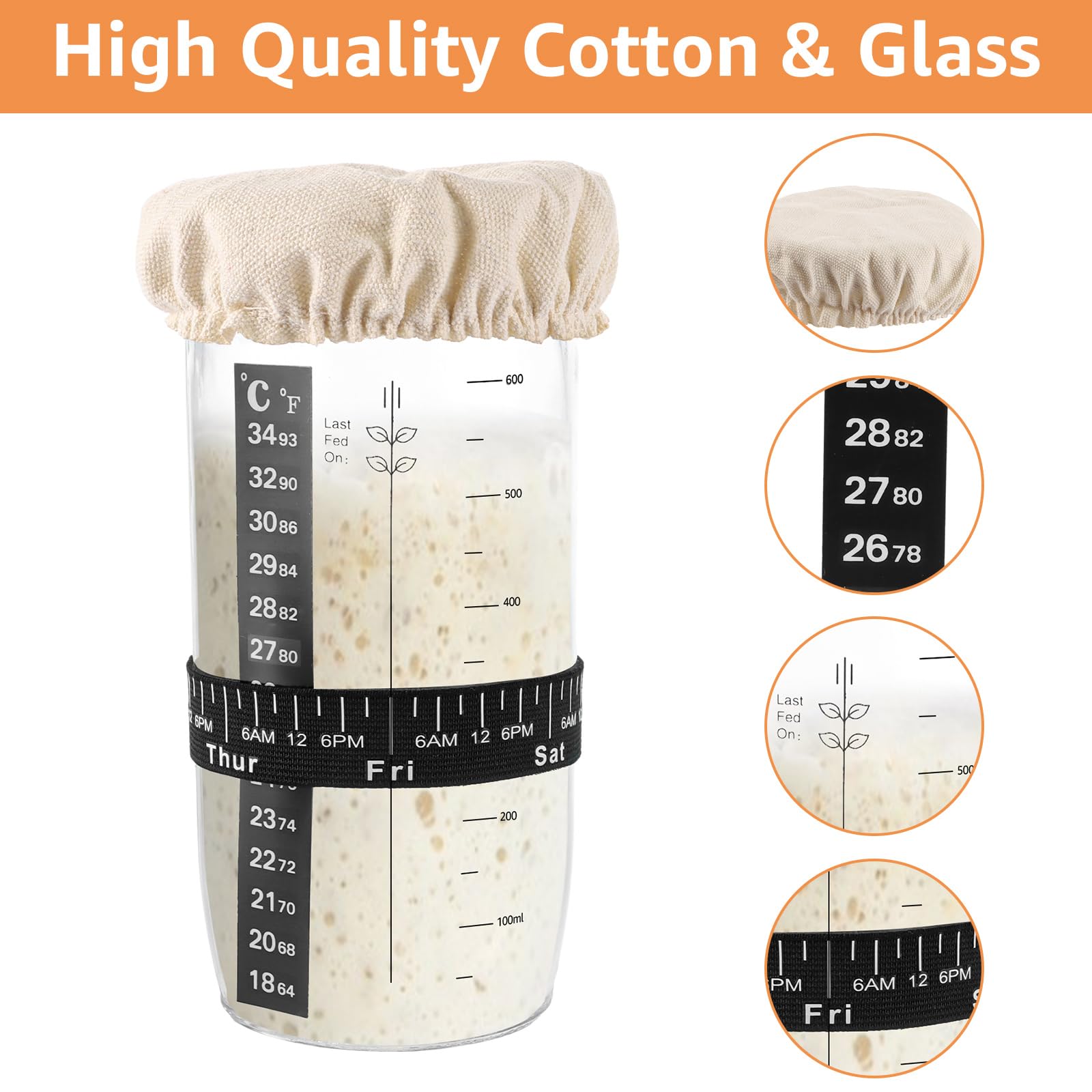 WOPPLXY 2 Pièces Kit Levain, 730 ML Bocal de Démarrage pour Levain, Kit de Démarrage au Levains avec Ruban d'alimentation Datte, Thermomètre, Couvercle, Spatule en Silicone