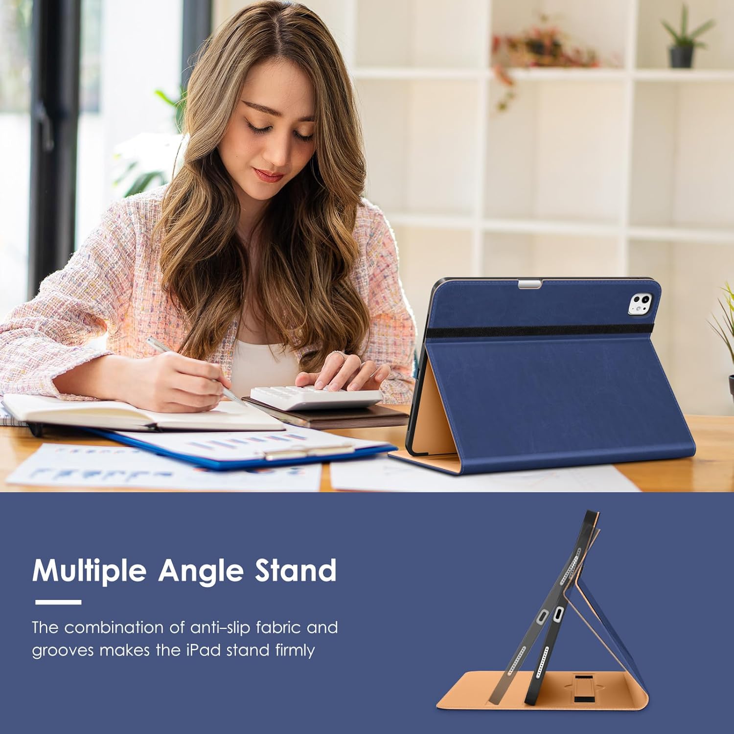 VIKESI Case for iPad Pro 13-inch M5 or M4 Released in 2025 or 2024, Leather Stand Cover with Apple Pencil Holder, Auto Wake/Sleep, Multiple Viewing Angles, Built in Hand Strap & Pocket,Navy Blue