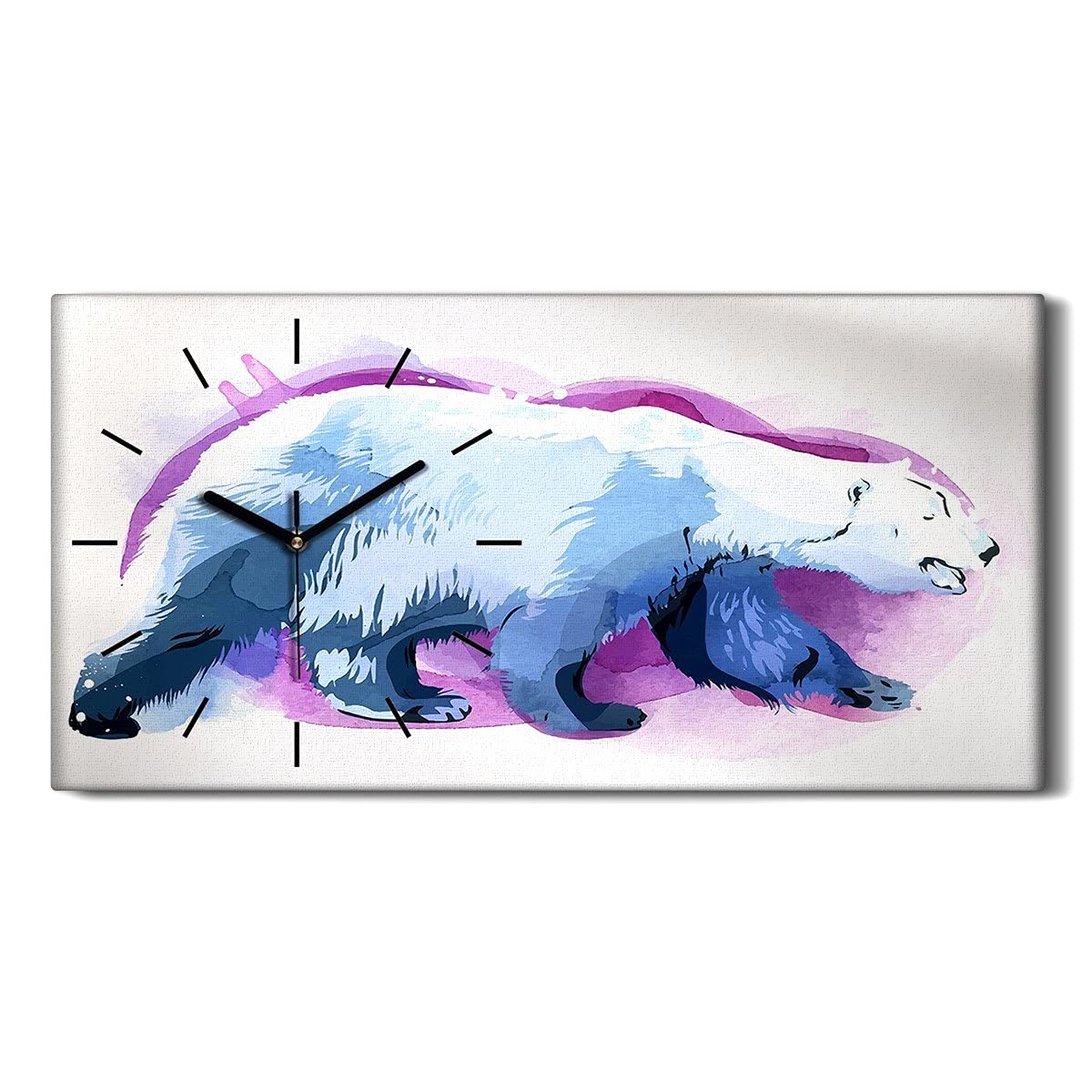 Horloge sur Toile Art Moderne Ours Polaire Art Mural Aquarelle Violette et Blanc Coloray