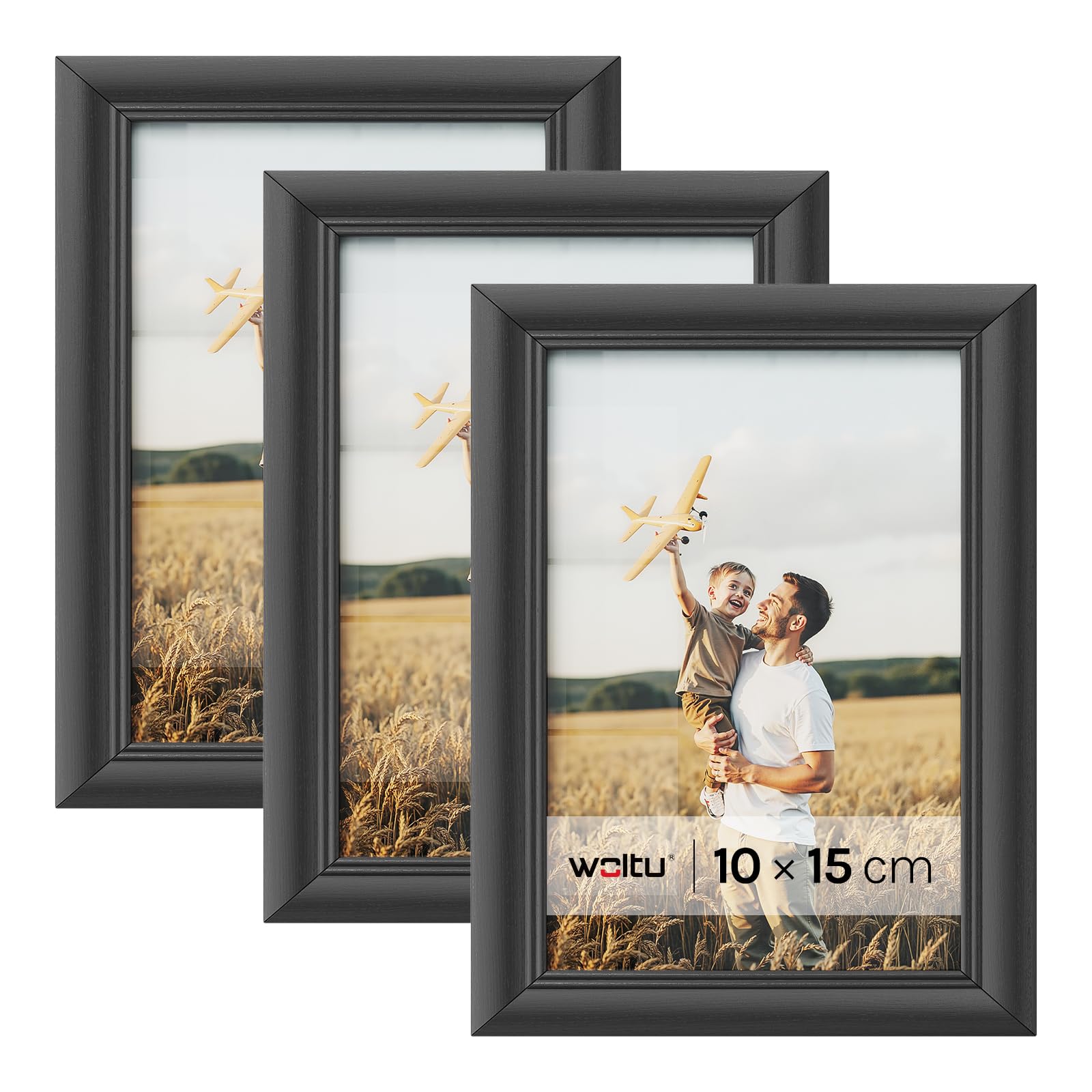WOLTU Lot de 3 Cadre Photo 10x15cm Cadre en Bois Massif avec Passe Partout, Suspendre Horizontalement ou Verticalement, Décoration Murale ou sur Table, Noir