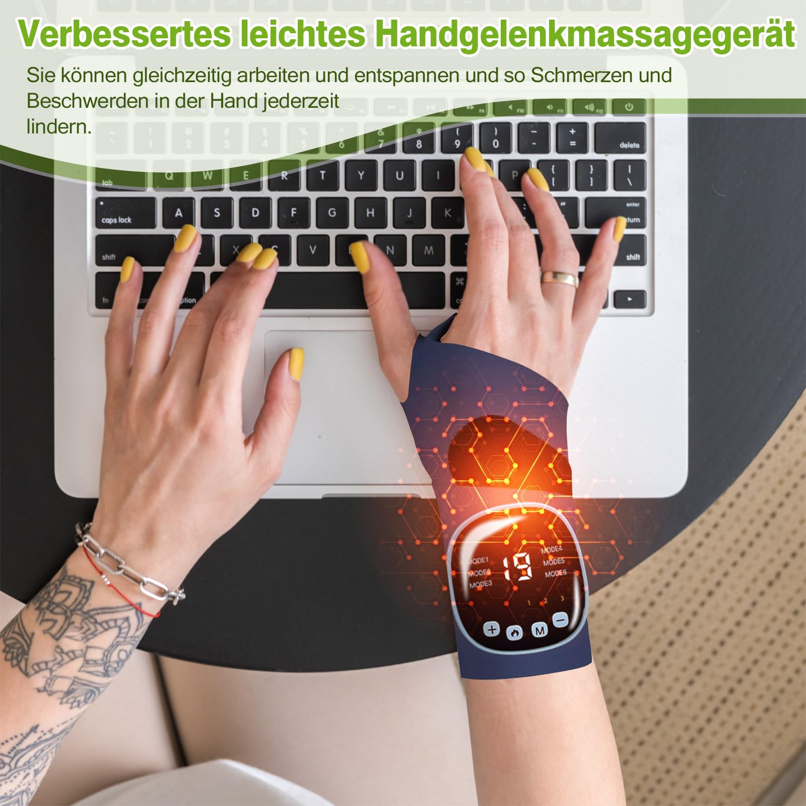 EMS Handmassagegerät, Kabelloses Elektrische Handmassagegeräte, Handmassage mit 3 Wärmestufen, 9 Massagemodi und 19 Stärke, Handgelenkstütze für Lindert Ermüdung und Schmerzen