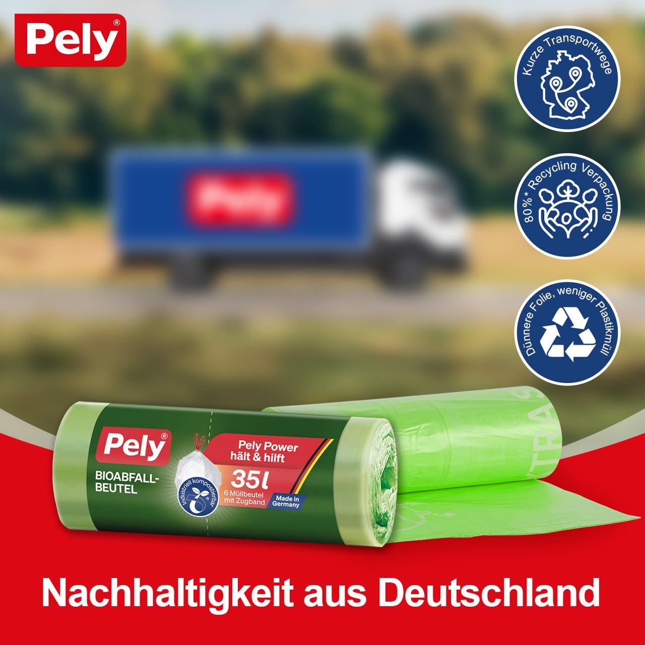 PELY Bio Kompostbeutel 35 Liter, Vorteilspack (16 x 6 Stück), biologisch abbaubare Abfallbeutel, extra reißfest & dicht, perfekt für Biomüll in der Küche