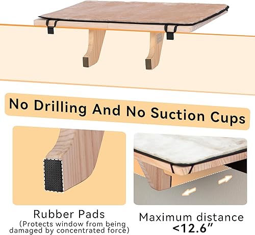 Miniatura 5 de PETSFIT Percha para ventana de gato para 2 gatos, hamaca ajustable para gatos con alfombrilla de forro polar extraíble, diseño de madera maciza