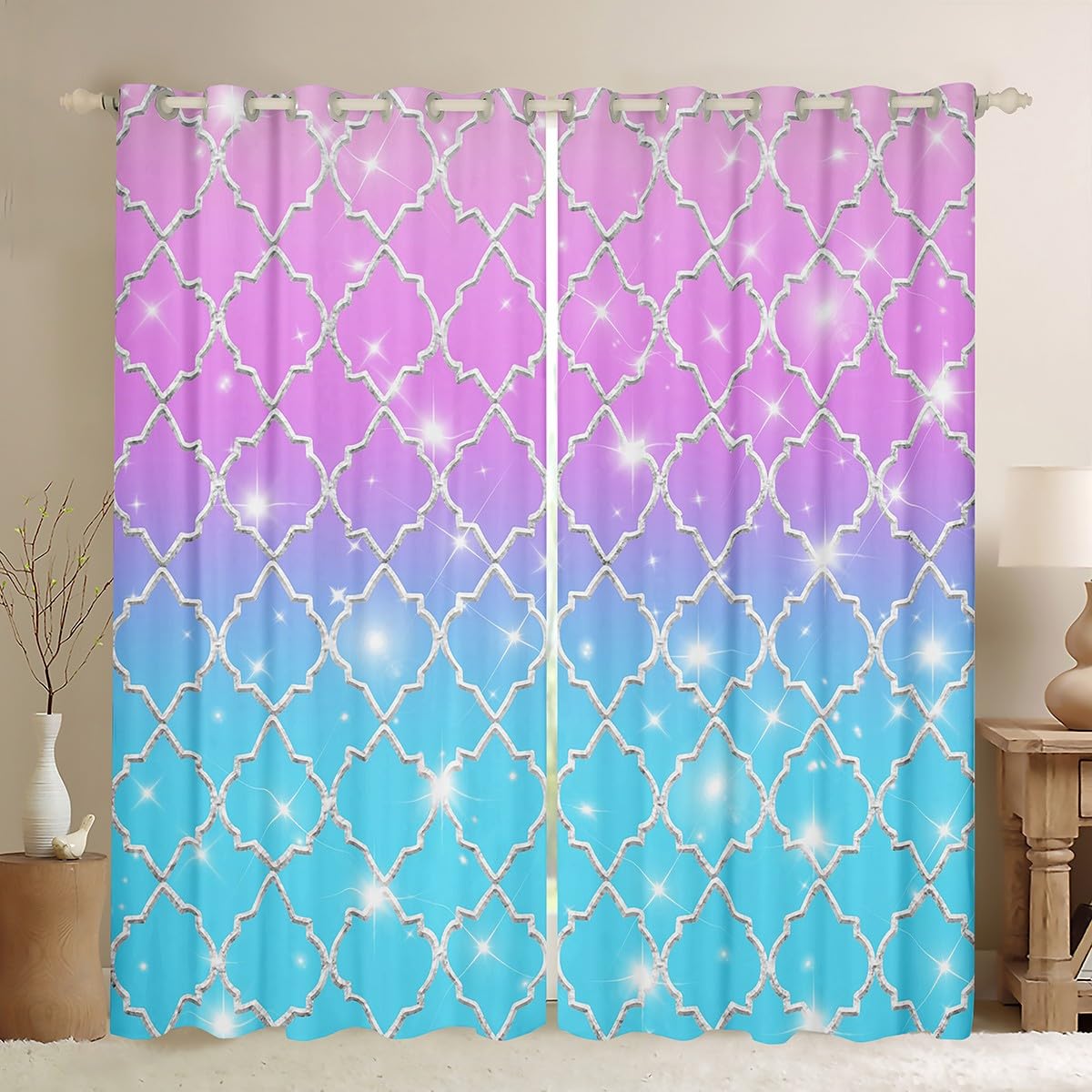 Homemissing Blue and Pink Ombre Curtains for Bedroom Living Room Rainbow 30%-50% Blackout Curtains for Colorful Shape Window Drapes Gold Purple Glitter Window Treatments W66*L72