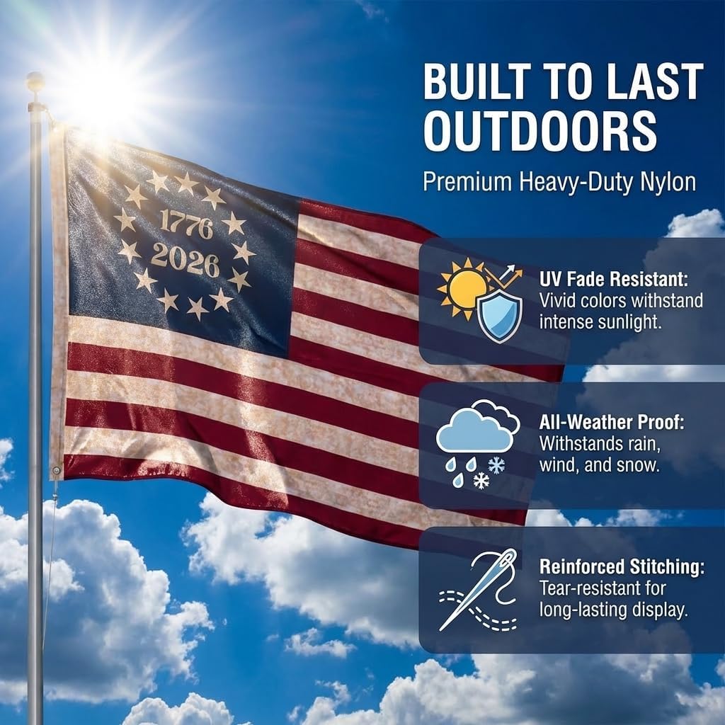 250th Anniversary USA Flag (1776-2026), Vintage Cotton Betsy Ross 3x5 ft Flag, Embroidered 13 Colonies Stars, Heavy Duty Outdoor American Flag for 2026 Celebration with 2 Brass Grommets(Vintage 1776 2026 Flag 3x5 ft)
