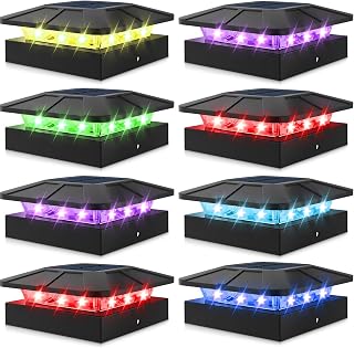 4x4 Solar Post Cap Lights RGB Color Changing, 8 Packs LED Deck Fence Light Solar Powered Outdoor Waterproof, Wood/Vinyl Posts Top Lighting for Outside Yard Garden Patio